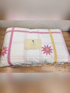 Pottery Barn Kids Anna Quilt Sz F/Q Pink Yellow White Flower Daisy Plaid NOS